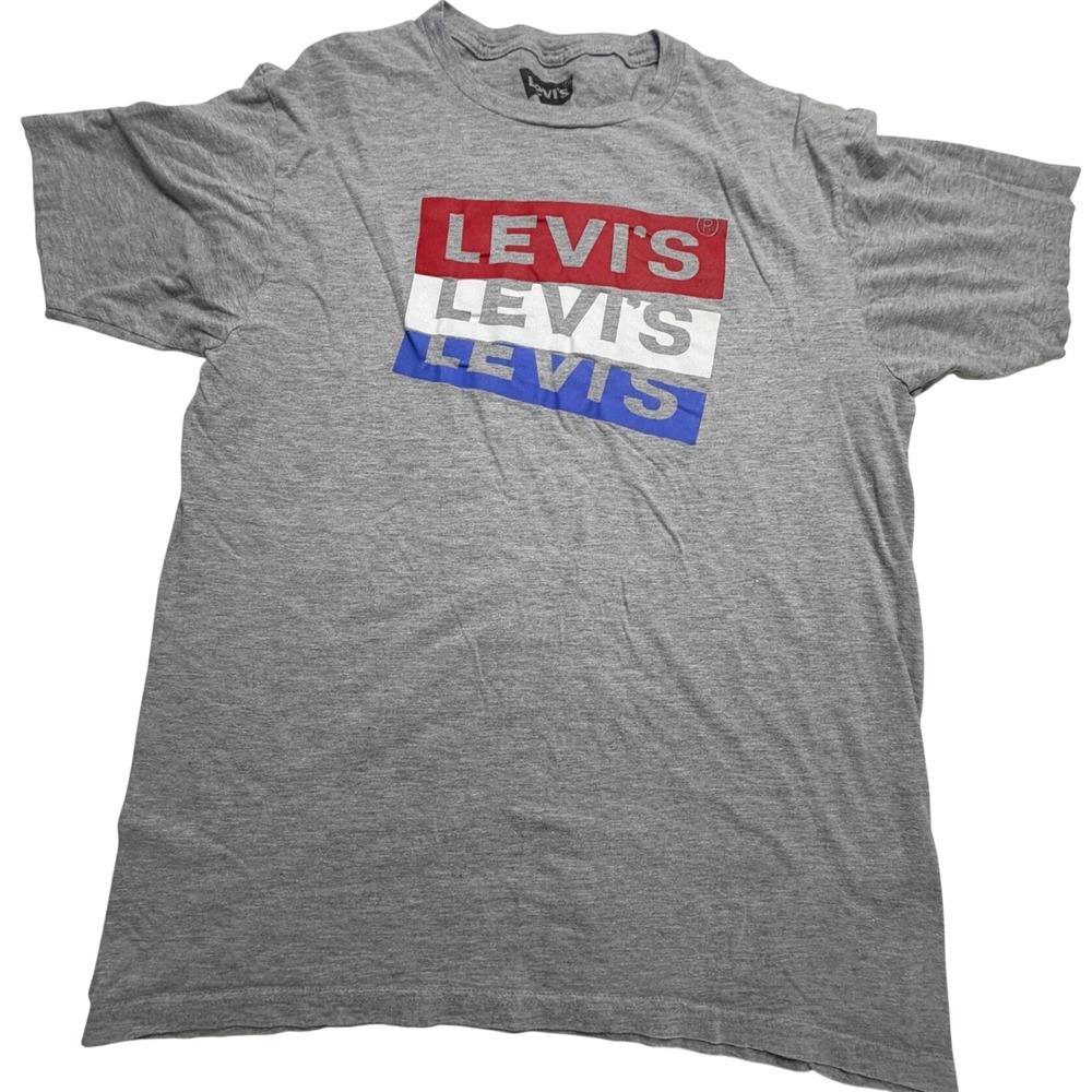 Levis Mens Graphic T-Shirt Gray Red White Blue Logo Short Sleeve Medium